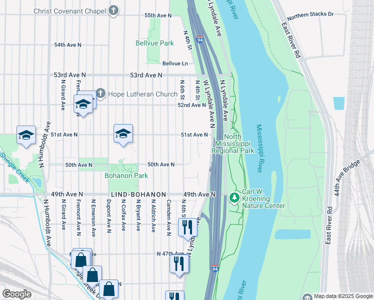 map of restaurants, bars, coffee shops, grocery stores, and more near 5017 North 6th Street in Minneapolis