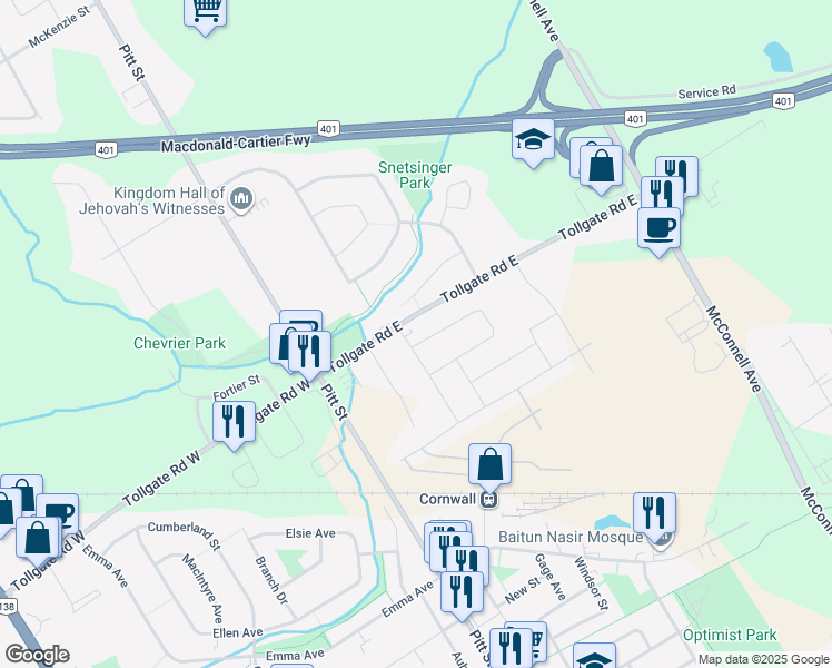 map of restaurants, bars, coffee shops, grocery stores, and more near 41 Sunset Boulevard in Cornwall