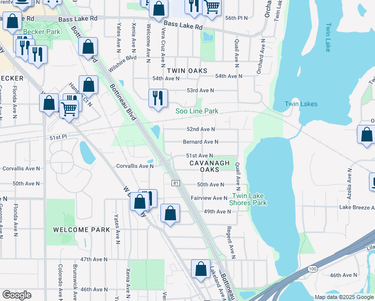 map of restaurants, bars, coffee shops, grocery stores, and more near 5328 51st Avenue North in Minneapolis