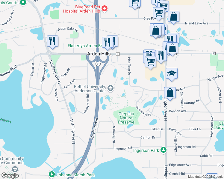 map of restaurants, bars, coffee shops, grocery stores, and more near 2 Pine Tree Drive in Arden Hills