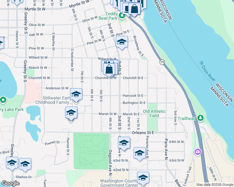 map of restaurants, bars, coffee shops, grocery stores, and more near 1022 3rd Street South in Stillwater