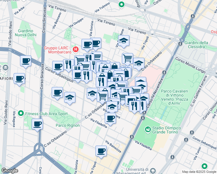map of restaurants, bars, coffee shops, grocery stores, and more near 24/B Via Giovanni Emanuel in Torino