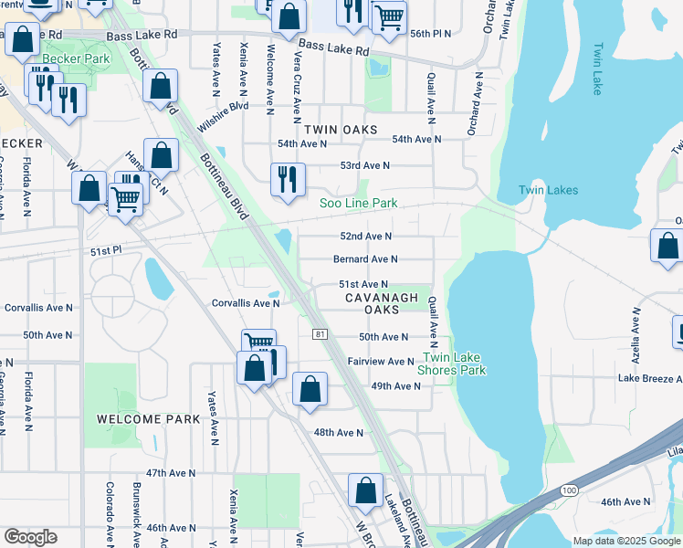 map of restaurants, bars, coffee shops, grocery stores, and more near 5328 51st Avenue North in Minneapolis