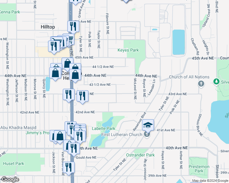 map of restaurants, bars, coffee shops, grocery stores, and more near 1225 43rd Avenue Northeast in Minneapolis
