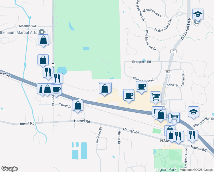 map of restaurants, bars, coffee shops, grocery stores, and more near 490 Clydesdale Trail in Medina