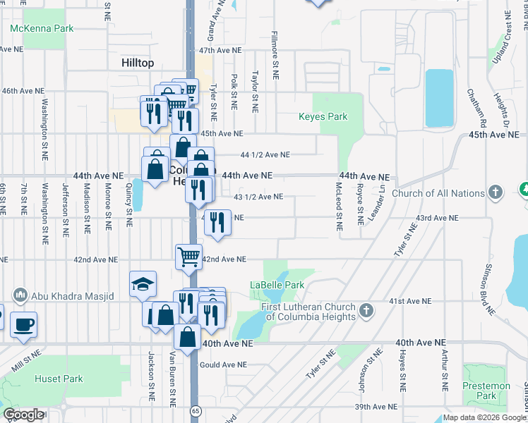 map of restaurants, bars, coffee shops, grocery stores, and more near 1115 43rd Avenue Northeast in Minneapolis