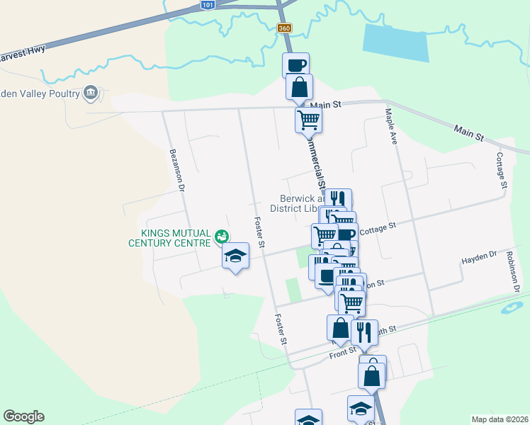 map of restaurants, bars, coffee shops, grocery stores, and more near 164 Foster Street in Berwick