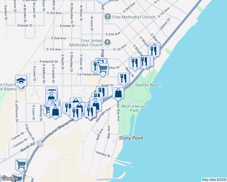 map of restaurants, bars, coffee shops, grocery stores, and more near 2000 South State Avenue in Alpena