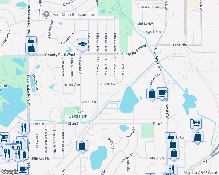map of restaurants, bars, coffee shops, grocery stores, and more near 1512 2nd Terrace Southwest in New Brighton