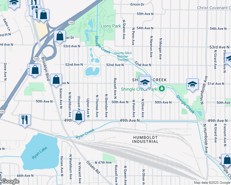 map of restaurants, bars, coffee shops, grocery stores, and more near 5021 Russell Avenue North in Minneapolis