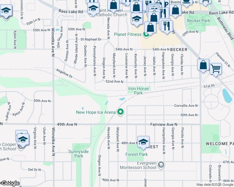 map of restaurants, bars, coffee shops, grocery stores, and more near 7209 51st Avenue North in New Hope