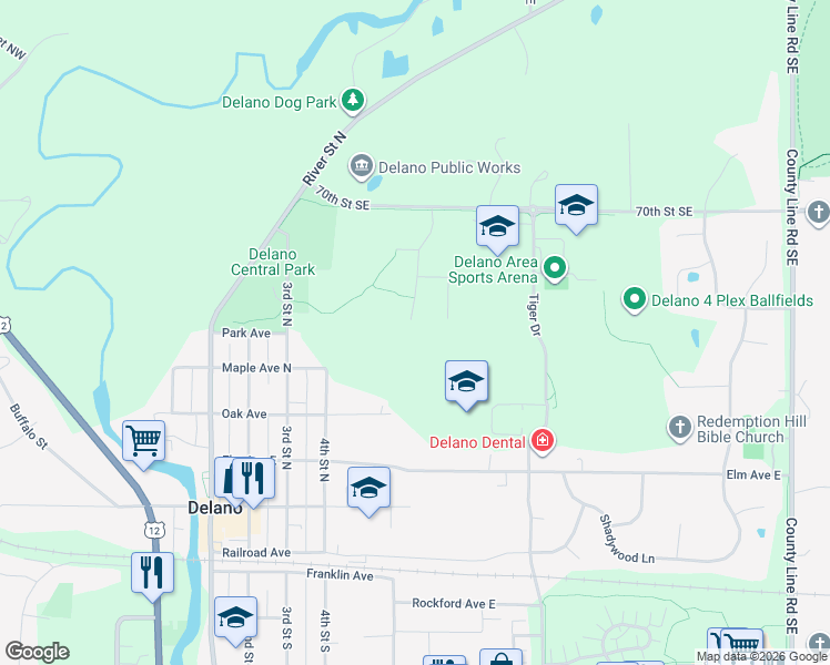 map of restaurants, bars, coffee shops, grocery stores, and more near 548 Marsh Drive in Delano