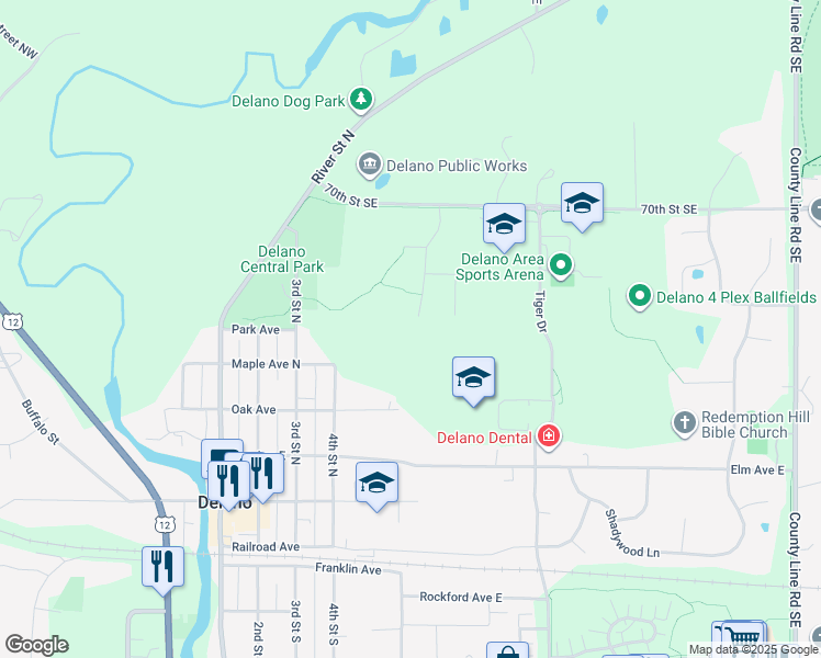 map of restaurants, bars, coffee shops, grocery stores, and more near 548 Marsh Drive in Delano
