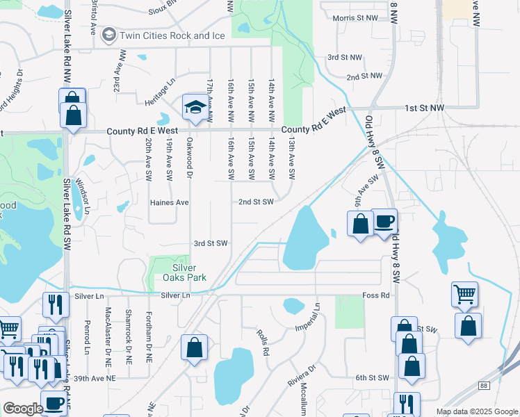 map of restaurants, bars, coffee shops, grocery stores, and more near 1512 2nd Terrace Southwest in New Brighton