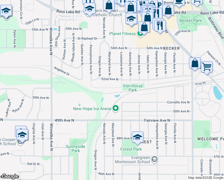 map of restaurants, bars, coffee shops, grocery stores, and more near 7209 51st Avenue North in New Hope