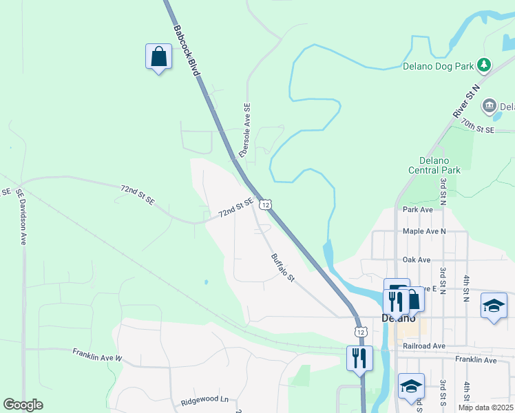 map of restaurants, bars, coffee shops, grocery stores, and more near 667 Babcock Boulevard in Delano
