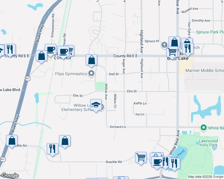 map of restaurants, bars, coffee shops, grocery stores, and more near 1780 Elm Street in White Bear Lake