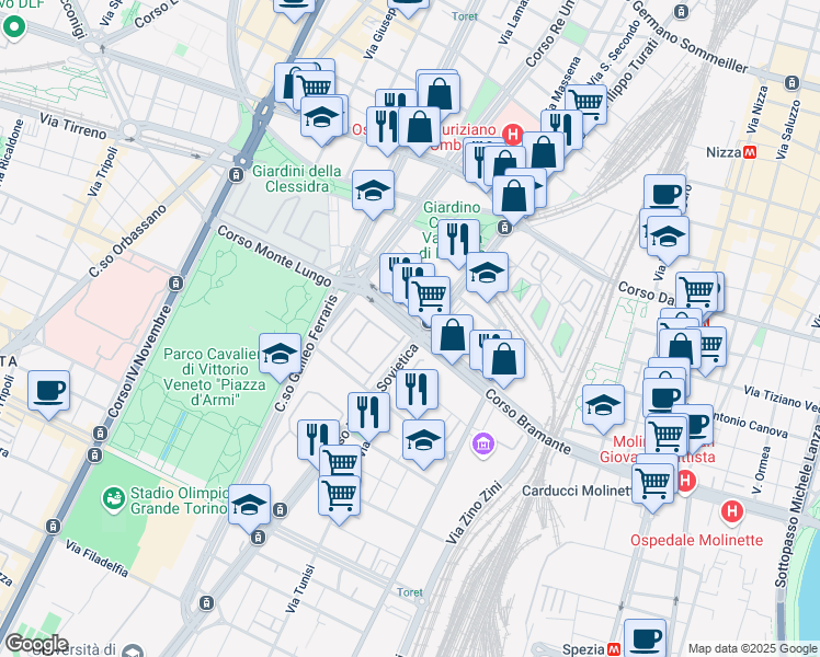 map of restaurants, bars, coffee shops, grocery stores, and more near 4 Corso Bramante in Torino