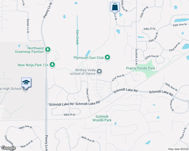 map of restaurants, bars, coffee shops, grocery stores, and more near 5105 Holly Lane North in Plymouth