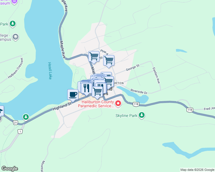 map of restaurants, bars, coffee shops, grocery stores, and more near 235 Highland Street in Haliburton