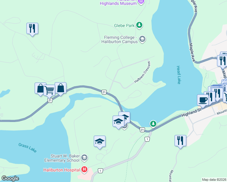 map of restaurants, bars, coffee shops, grocery stores, and more near 16 Halbiem Crescent in Haliburton