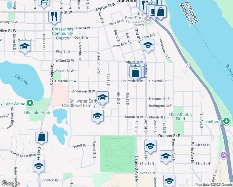 map of restaurants, bars, coffee shops, grocery stores, and more near 1010 6th Street South in Stillwater