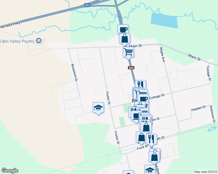 map of restaurants, bars, coffee shops, grocery stores, and more near 166 Foster Street in Berwick
