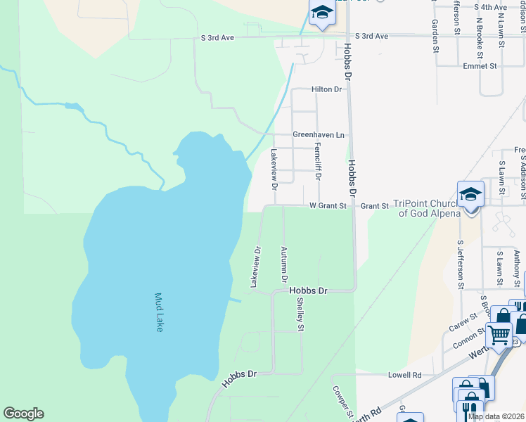 map of restaurants, bars, coffee shops, grocery stores, and more near 1601 Lakeview Drive in Alpena