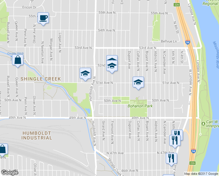 map of restaurants, bars, coffee shops, grocery stores, and more near 5021 Fremont Avenue North in Minneapolis