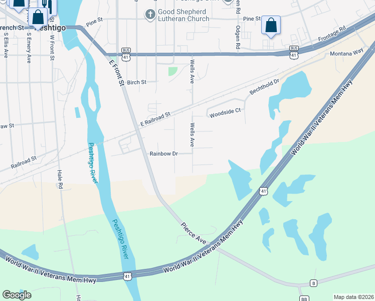 map of restaurants, bars, coffee shops, grocery stores, and more near 501 Rainbow Drive in Peshtigo