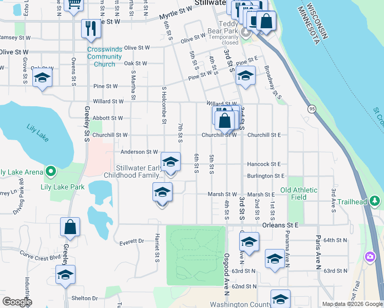 map of restaurants, bars, coffee shops, grocery stores, and more near 1010 6th Street South in Stillwater
