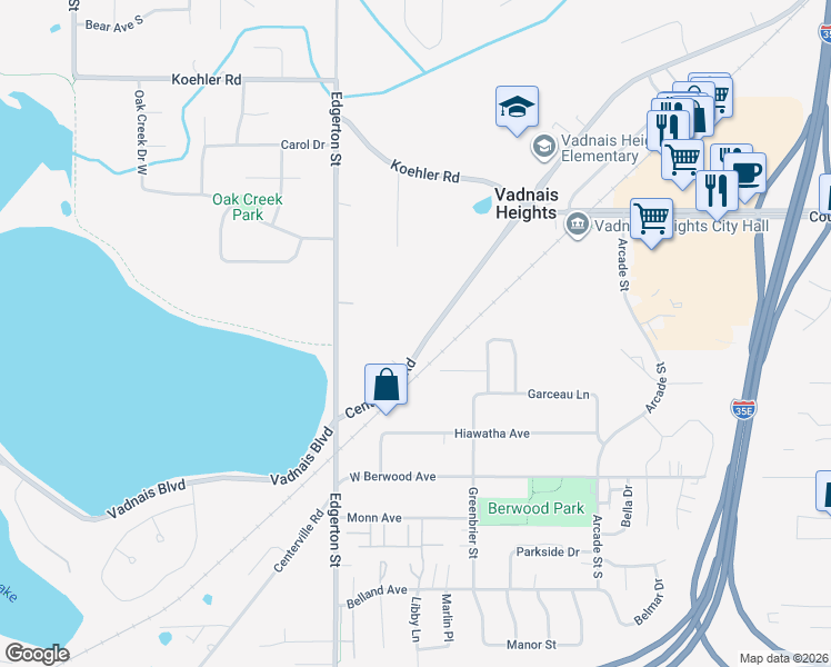 map of restaurants, bars, coffee shops, grocery stores, and more near 3485 Centerville Road in Vadnais Heights