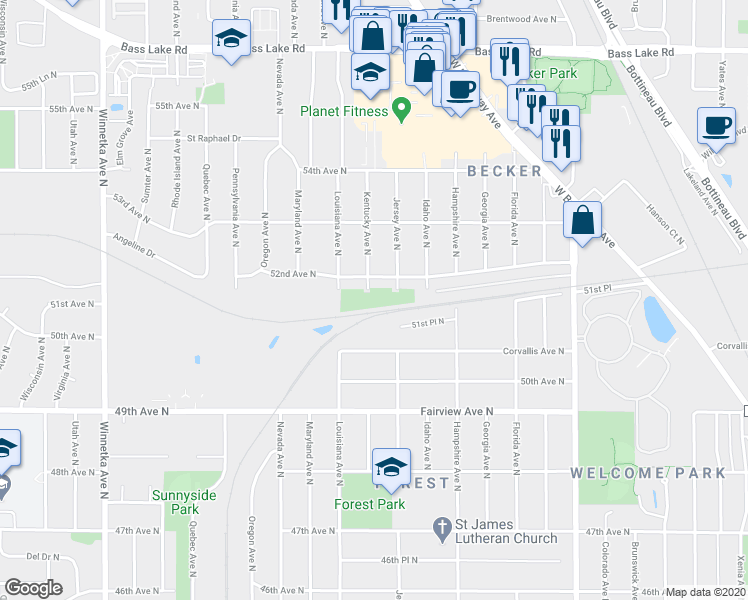 map of restaurants, bars, coffee shops, grocery stores, and more near 5155 Kentucky Avenue North in Crystal