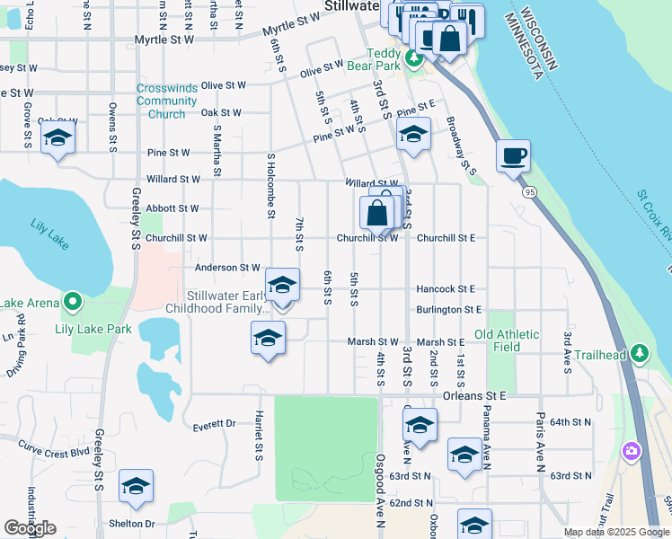 map of restaurants, bars, coffee shops, grocery stores, and more near 1021 6th Street South in Stillwater