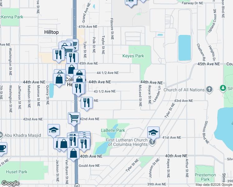 map of restaurants, bars, coffee shops, grocery stores, and more near 1225 43rd Avenue Northeast in Minneapolis