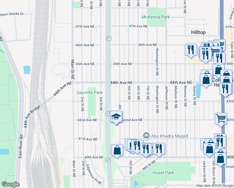 map of restaurants, bars, coffee shops, grocery stores, and more near 4301 University Avenue Sev Road in Columbia Heights