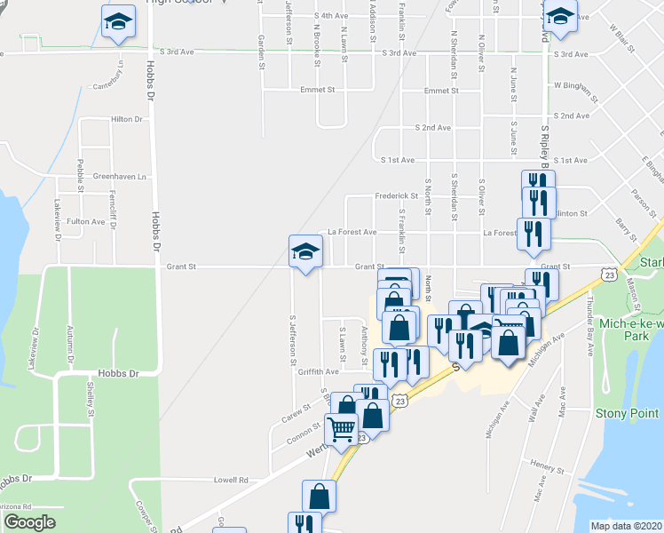 map of restaurants, bars, coffee shops, grocery stores, and more near 2781 Grant Street in Alpena