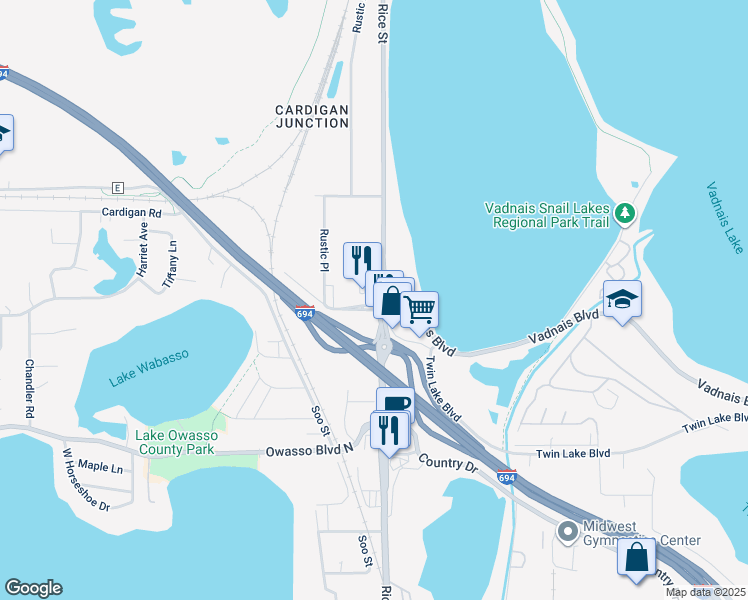 map of restaurants, bars, coffee shops, grocery stores, and more near 157 Grass Lake Place in Shoreview