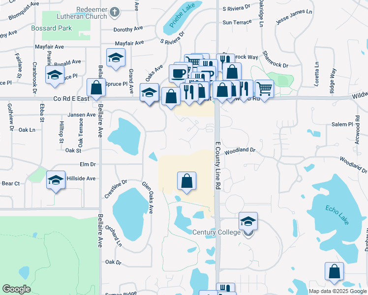map of restaurants, bars, coffee shops, grocery stores, and more near 3521 Century Avenue North in White Bear Lake