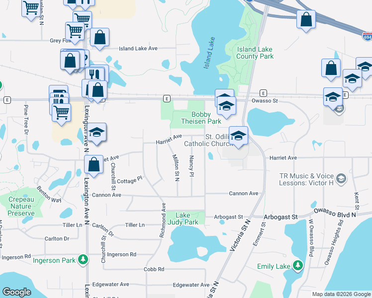 map of restaurants, bars, coffee shops, grocery stores, and more near 3478 Nancy Place in Shoreview