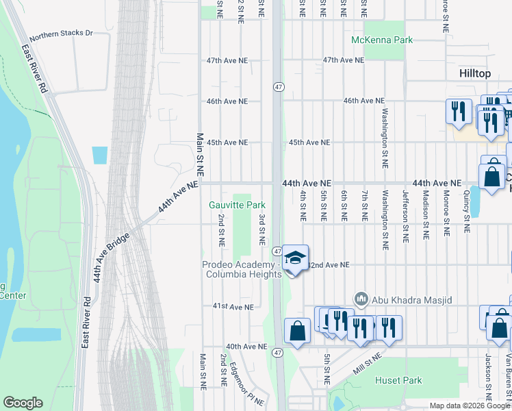 map of restaurants, bars, coffee shops, grocery stores, and more near 4300 3rd Street Northeast in Minneapolis