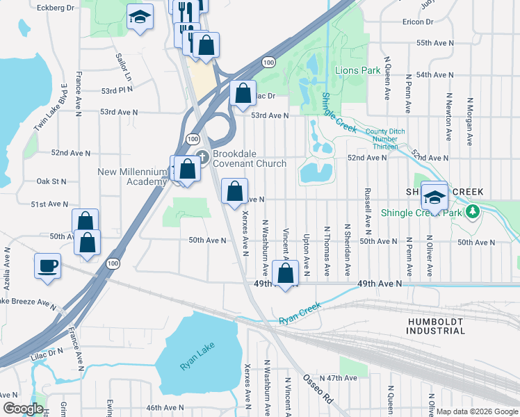 map of restaurants, bars, coffee shops, grocery stores, and more near 5022 North Washburn Avenue in Minneapolis
