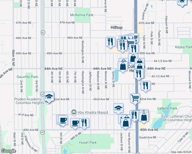 map of restaurants, bars, coffee shops, grocery stores, and more near 4301 Madison Street Northeast in Minneapolis
