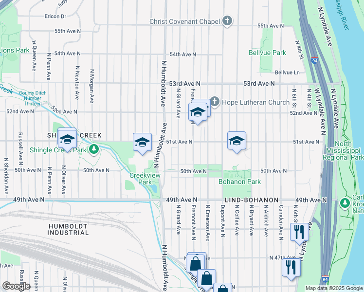 map of restaurants, bars, coffee shops, grocery stores, and more near 5113 Fremont Avenue North in Minneapolis