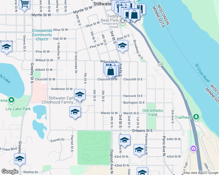 map of restaurants, bars, coffee shops, grocery stores, and more near 924 4th Street South in Stillwater