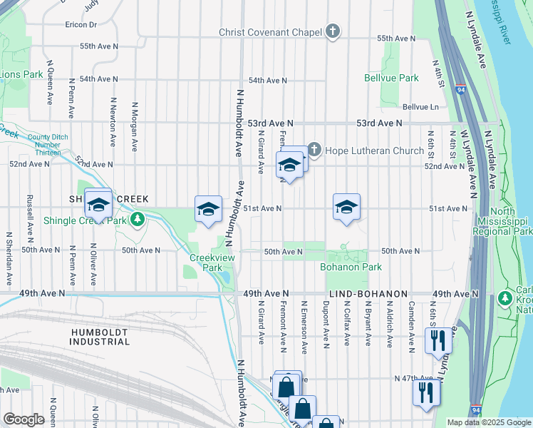 map of restaurants, bars, coffee shops, grocery stores, and more near 5113 Fremont Avenue North in Minneapolis