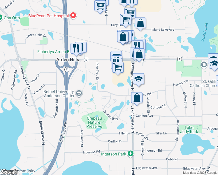 map of restaurants, bars, coffee shops, grocery stores, and more near 4 Pine Tree Drive in Saint Paul