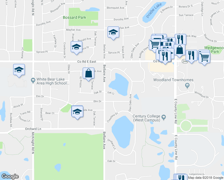 map of restaurants, bars, coffee shops, grocery stores, and more near 2531 Oak Court in Saint Paul