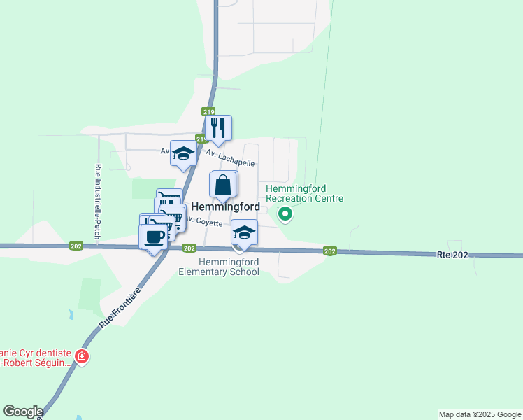 map of restaurants, bars, coffee shops, grocery stores, and more near 546 Rue Bouchard in Hemmingford