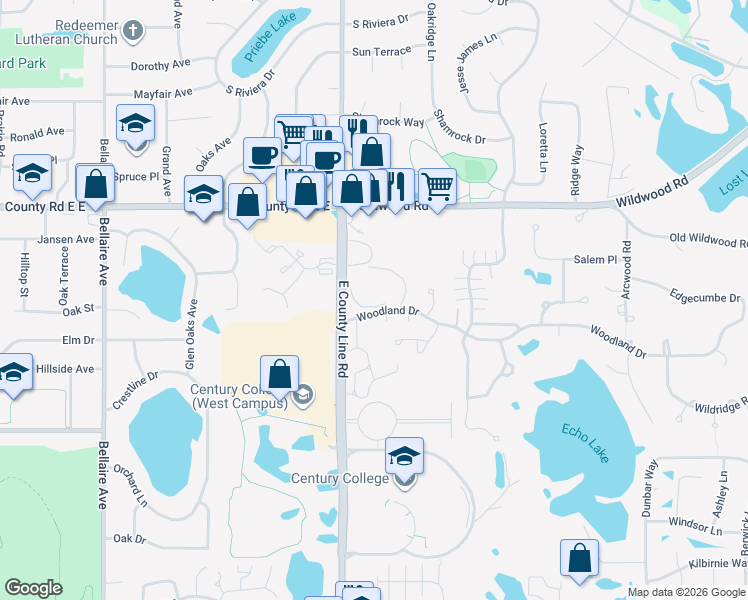 map of restaurants, bars, coffee shops, grocery stores, and more near 947 Woodland Drive in Mahtomedi